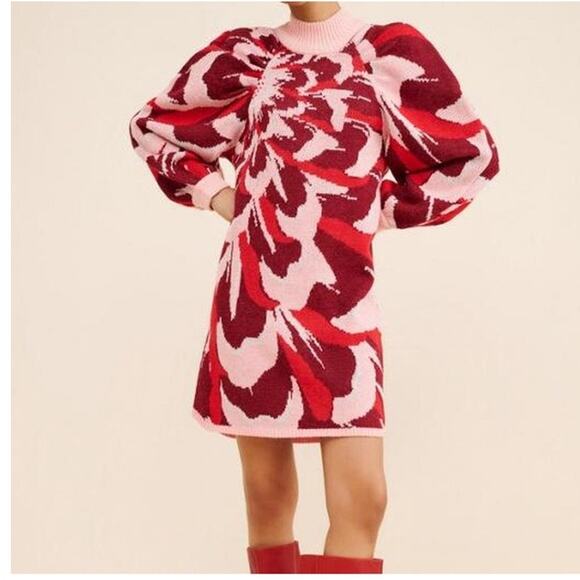 Farm Rio Bold Flower Sweater Knit Dress Dramatic Sleeves Pink Red Size Small - Picture 1 of 7